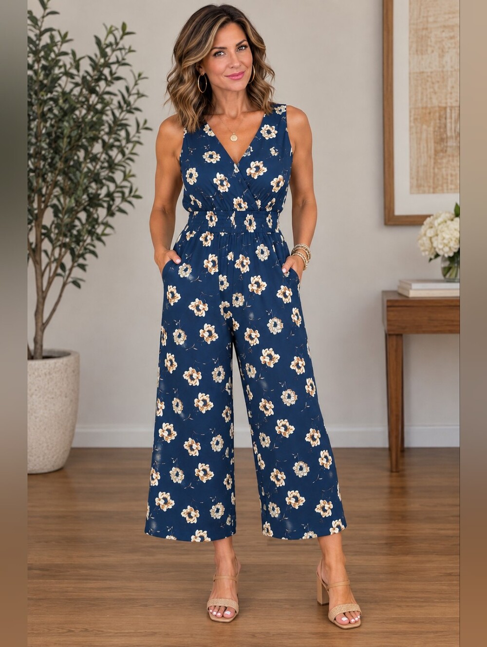 Apt. 9 Navy Floral Wide-Leg Jumpsuit